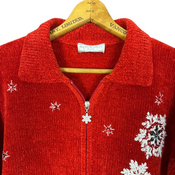 Vintage Chenille Christmas Sweater, Red Cardigan, Embroidered Festive Holiday - Picture 2 of 7